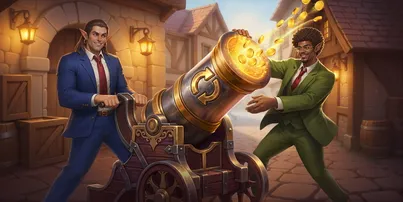Zwei Figuren an einer goldenen Kanone