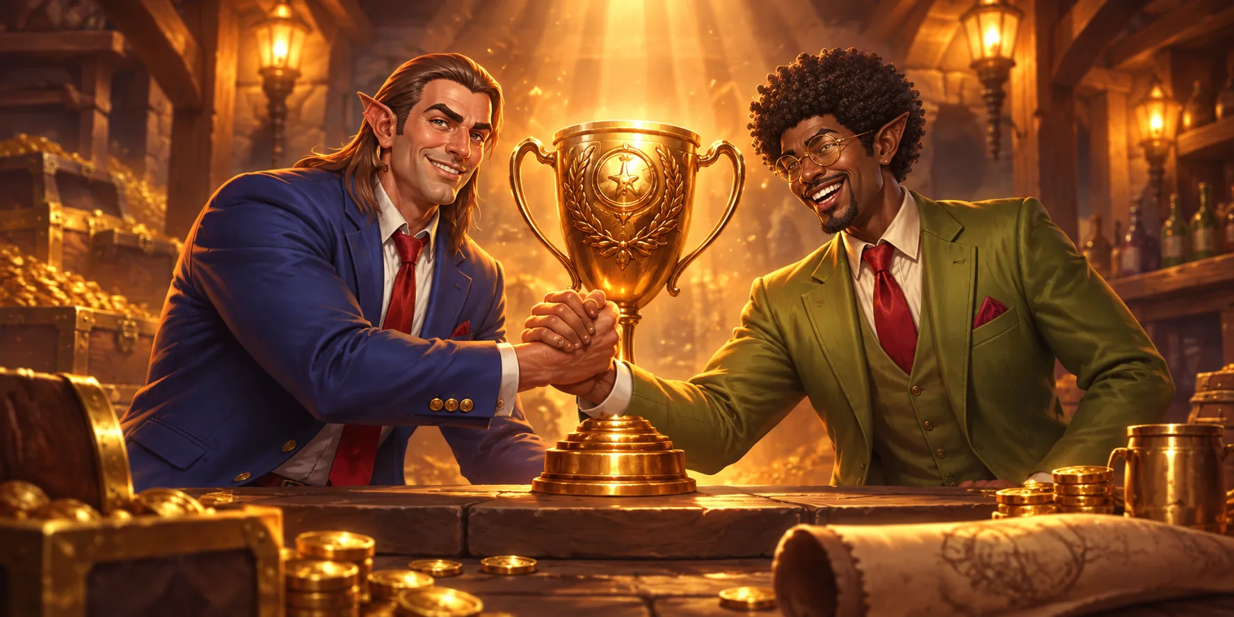 Zwei Abenteurer mit einem goldenen Pokal